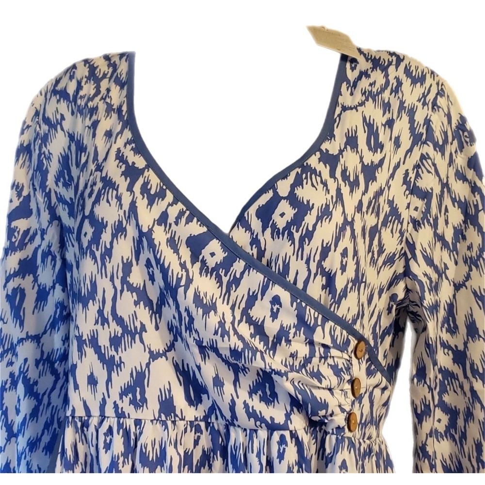 Made with Love Blue White Ikat Print Faux Wrap Maxi Dresss 3/4 Sleeve